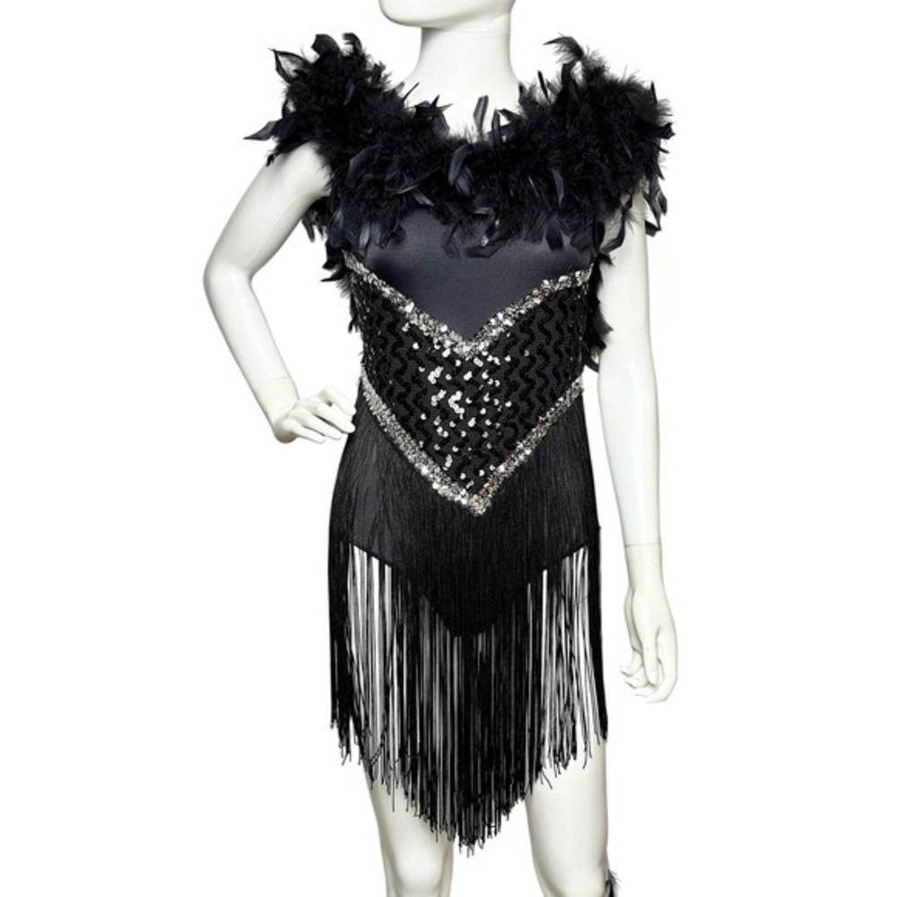 Vtg 80s Leos Womens Black Silver sequins tap jazz feathers fringed dance costume